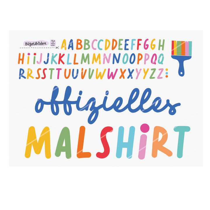 XL Bügelbild "offizielles Malshirt" + kleines ABC Blau A4
