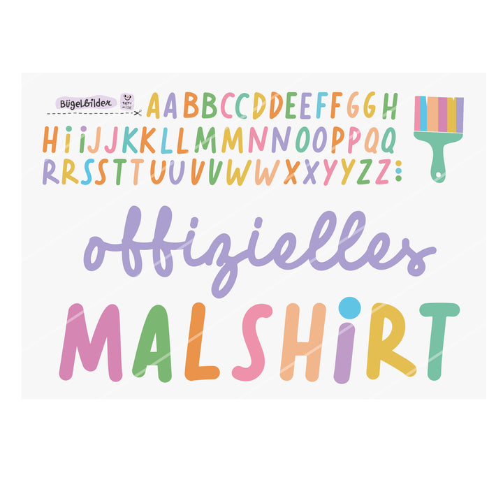 XL Bügelbild "offizielles Malshirt" + kleines ABC Flieder A4
