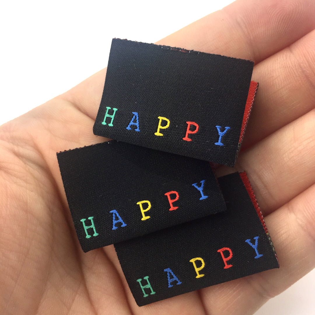 Weblabel „Happy“ - Schwarz - 3 Stück