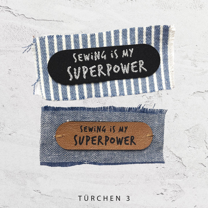 1 Kunstlederlabel "Sewing is my Superpower" - Braun