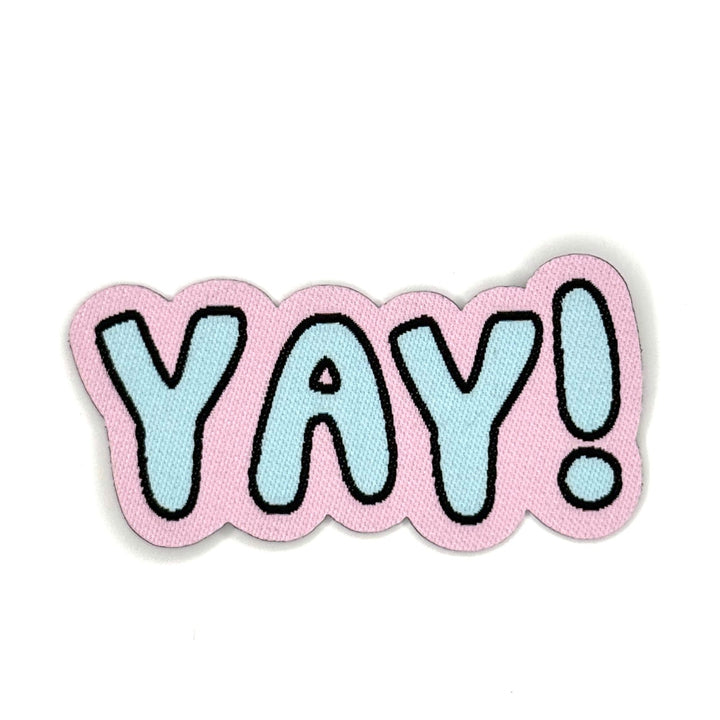 gewebtes Bügelpatch "YAY!" - Rosa Blau