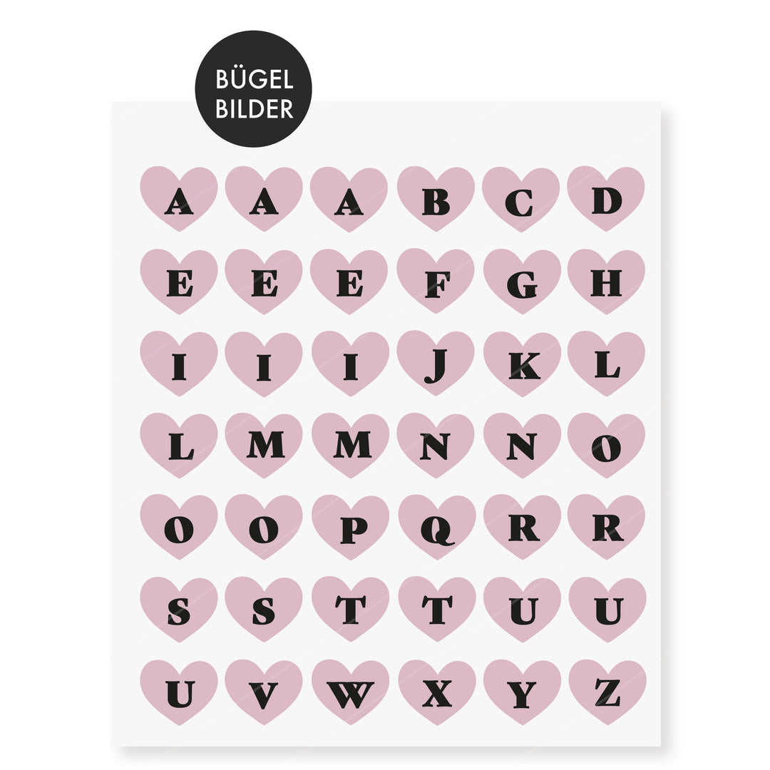 Bügelbild ABC Buchstabenherzen