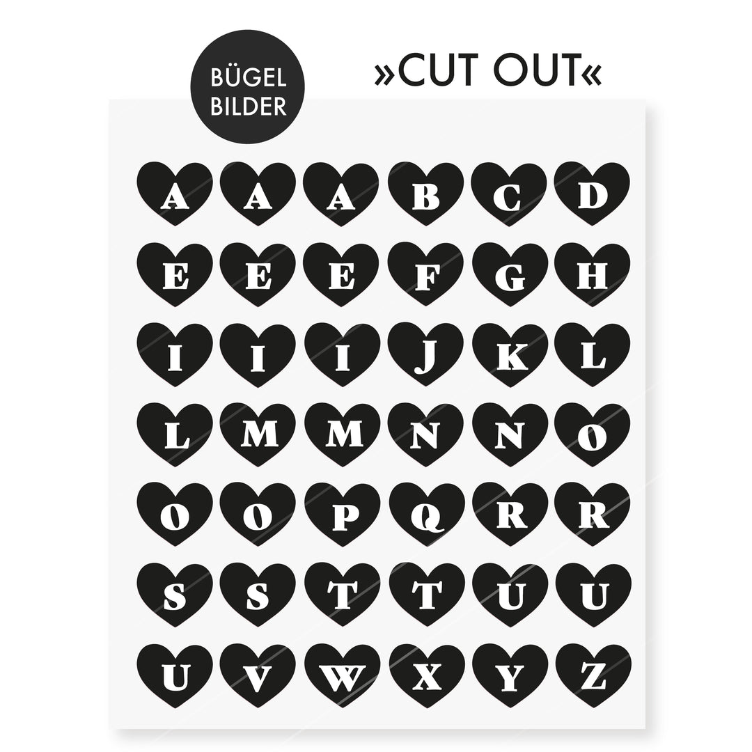 Bügelbild ABC Buchstabenherzen