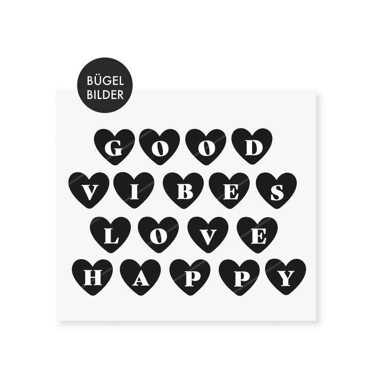 Bügelbild Buchstabenherzen Schwarz/Weiß