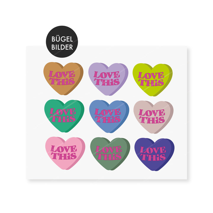 Bügelbild "Love this" - Herzen Bunt
