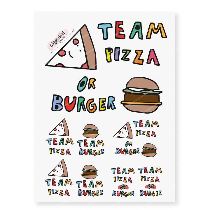 A4 Bogen mit 8 Bügelbildern "Team Pizza or Team Burger"