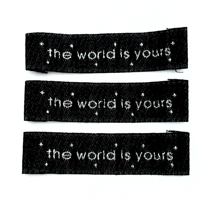3 Weblabel aus Baumwolle „the world is yours“ - Schwarz Glitzer