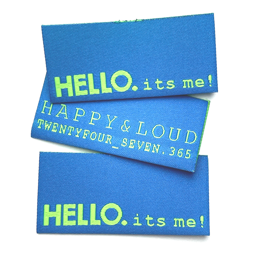 Weblabel „Hello“ - Blau Neongrün - 3 Stück